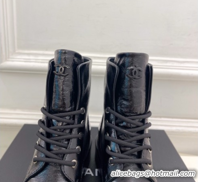Good Looking Chanel Patent & Calfskin Laced-up Ankle Boots 3.5cm Black 2025 CH083006