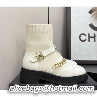 Generous Chanel Knit & Calfskin Ankle Boots with Buckle and Chain White 2025 CH083007