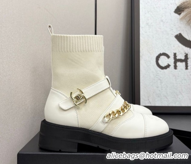 Generous Chanel Knit & Calfskin Ankle Boots with Buckle and Chain White 2025 CH083007