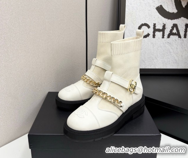 Generous Chanel Knit & Calfskin Ankle Boots with Buckle and Chain White 2025 CH083007