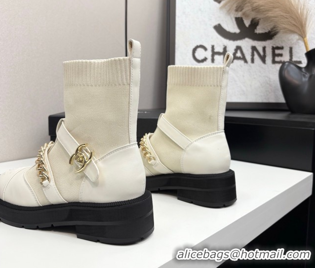 Generous Chanel Knit & Calfskin Ankle Boots with Buckle and Chain White 2025 CH083007