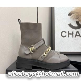 Buy Discount Chanel Knit & Calfskin Ankle Boots with Buckle and Chain Grey 2025 CH083007