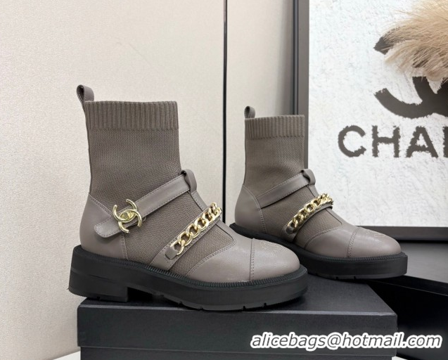 Buy Discount Chanel Knit & Calfskin Ankle Boots with Buckle and Chain Grey 2025 CH083007
