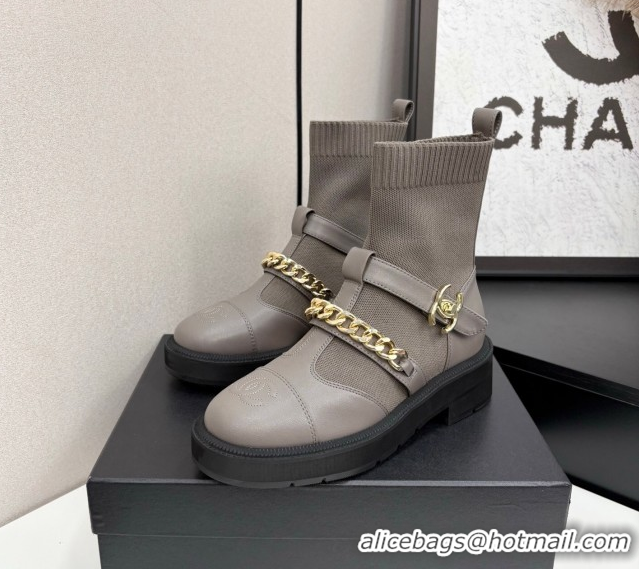 Buy Discount Chanel Knit & Calfskin Ankle Boots with Buckle and Chain Grey 2025 CH083007