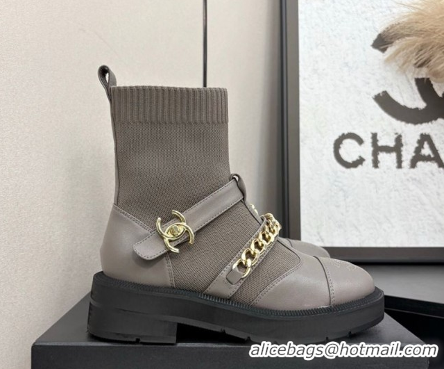 Buy Discount Chanel Knit & Calfskin Ankle Boots with Buckle and Chain Grey 2025 CH083007