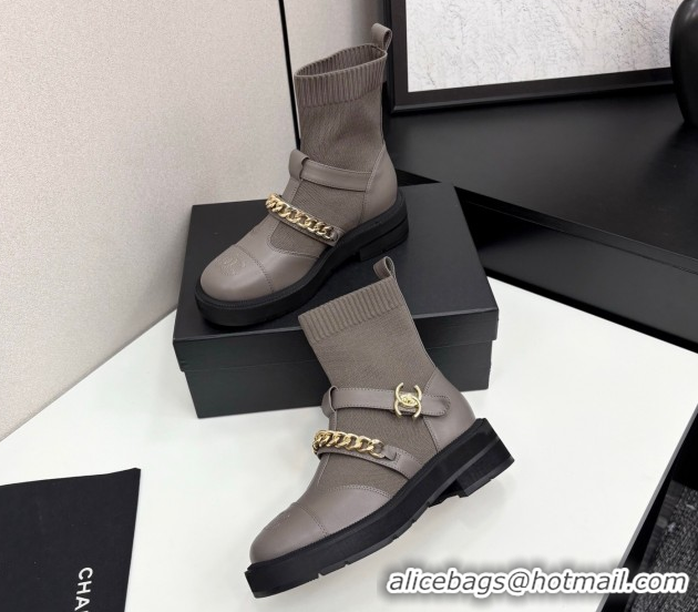 Buy Discount Chanel Knit & Calfskin Ankle Boots with Buckle and Chain Grey 2025 CH083007