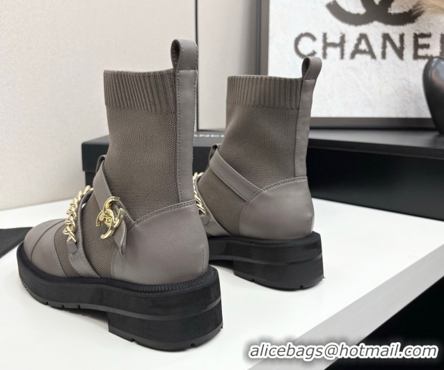 Buy Discount Chanel Knit & Calfskin Ankle Boots with Buckle and Chain Grey 2025 CH083007