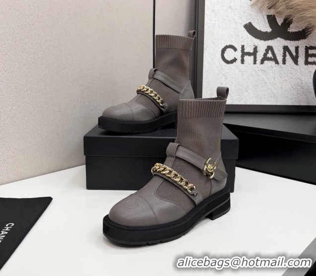 Buy Discount Chanel Knit & Calfskin Ankle Boots with Buckle and Chain Grey 2025 CH083007