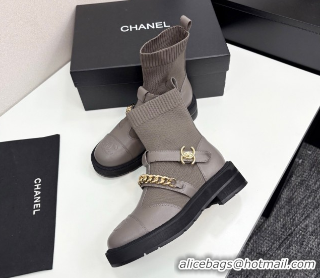 Buy Discount Chanel Knit & Calfskin Ankle Boots with Buckle and Chain Grey 2025 CH083007