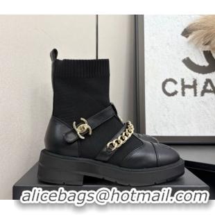Low Price Chanel Knit & Calfskin Ankle Boots with Buckle and Chain Black 2025 CH083007