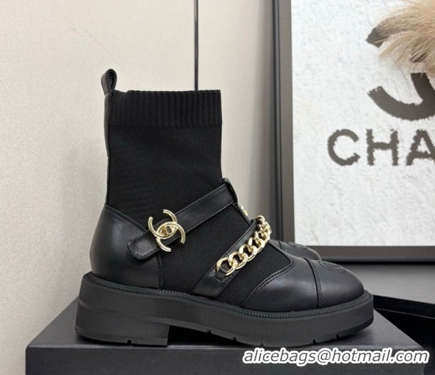 Low Price Chanel Knit & Calfskin Ankle Boots with Buckle and Chain Black 2025 CH083007
