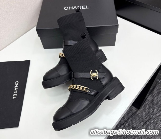 Low Price Chanel Knit & Calfskin Ankle Boots with Buckle and Chain Black 2025 CH083007