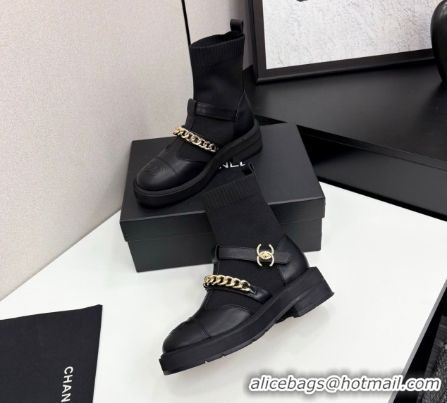 Low Price Chanel Knit & Calfskin Ankle Boots with Buckle and Chain Black 2025 CH083007