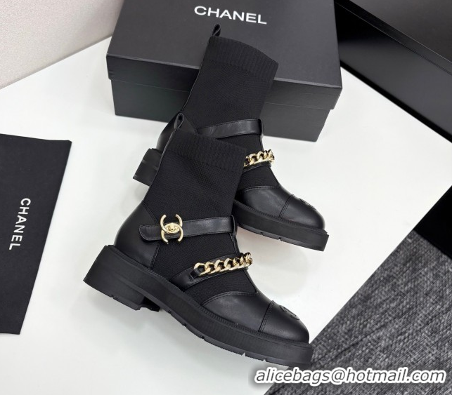 Low Price Chanel Knit & Calfskin Ankle Boots with Buckle and Chain Black 2025 CH083007