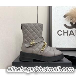 Best Price Chanel Quilted Calfskin Ankle Boots with Buckle and Chain Grey 2025 CH083007