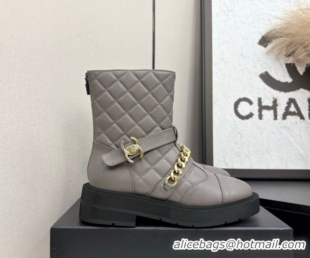 Best Price Chanel Quilted Calfskin Ankle Boots with Buckle and Chain Grey 2025 CH083007