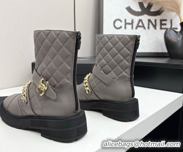 Best Price Chanel Quilted Calfskin Ankle Boots with Buckle and Chain Grey 2025 CH083007