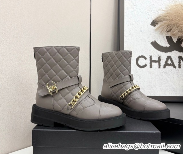 Best Price Chanel Quilted Calfskin Ankle Boots with Buckle and Chain Grey 2025 CH083007