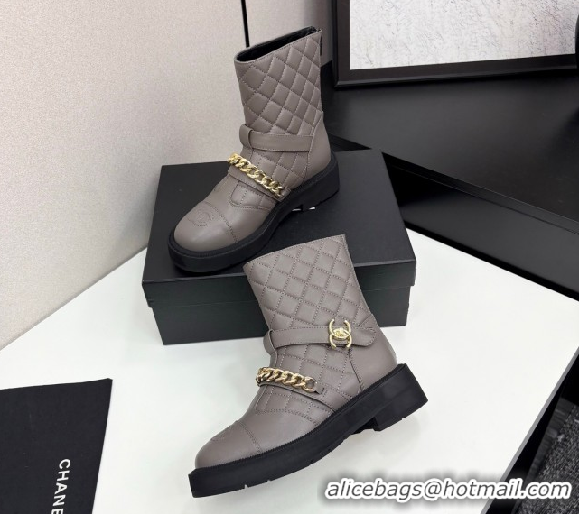 Best Price Chanel Quilted Calfskin Ankle Boots with Buckle and Chain Grey 2025 CH083007