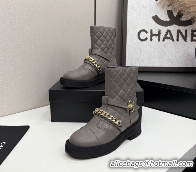 Best Price Chanel Quilted Calfskin Ankle Boots with Buckle and Chain Grey 2025 CH083007