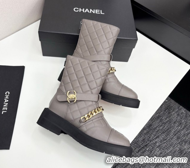 Best Price Chanel Quilted Calfskin Ankle Boots with Buckle and Chain Grey 2025 CH083007