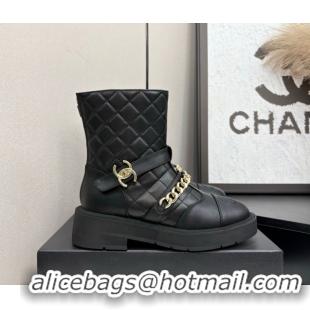 Grade Quality Chanel Quilted Calfskin Leather Ankle Boots with Buckle and Chain Black 2025 CH083007