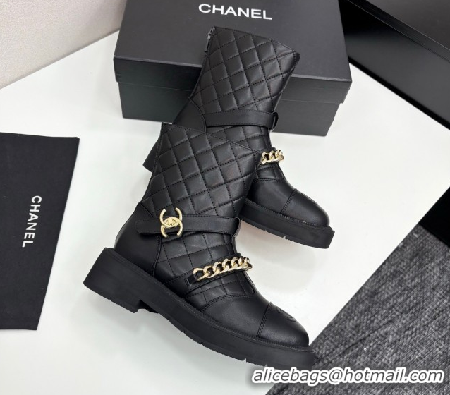 Grade Quality Chanel Quilted Calfskin Leather Ankle Boots with Buckle and Chain Black 2025 CH083007