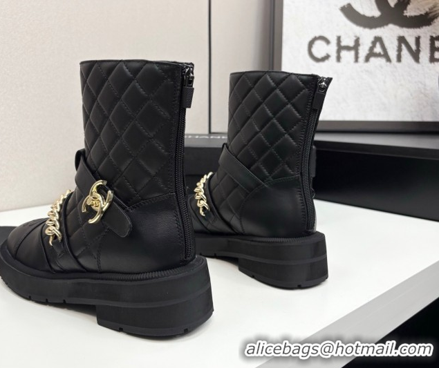 Grade Quality Chanel Quilted Calfskin Leather Ankle Boots with Buckle and Chain Black 2025 CH083007