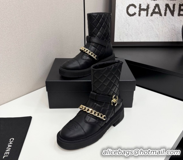 Grade Quality Chanel Quilted Calfskin Leather Ankle Boots with Buckle and Chain Black 2025 CH083007