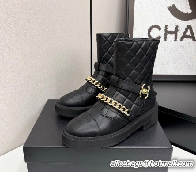 Grade Quality Chanel Quilted Calfskin Leather Ankle Boots with Buckle and Chain Black 2025 CH083007