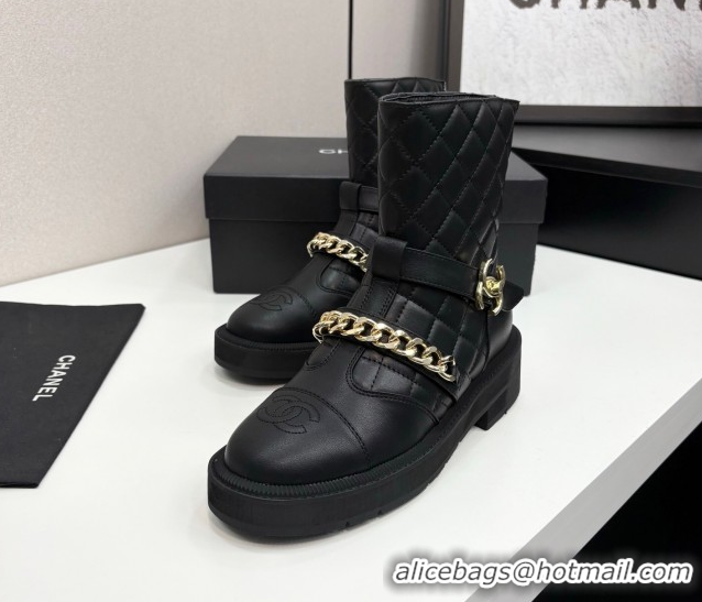 Grade Quality Chanel Quilted Calfskin Leather Ankle Boots with Buckle and Chain Black 2025 CH083007
