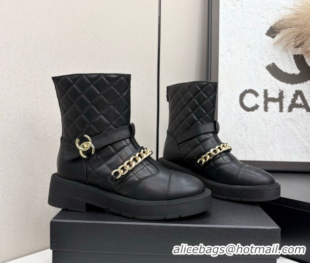Grade Quality Chanel Quilted Calfskin Leather Ankle Boots with Buckle and Chain Black 2025 CH083007