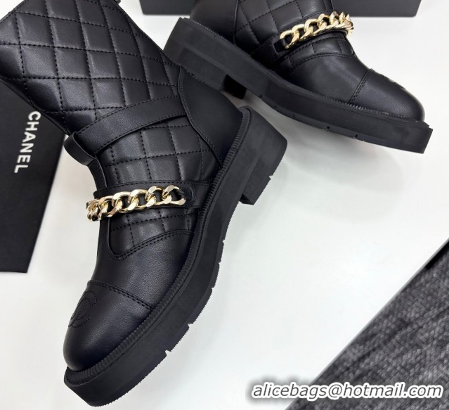 Grade Quality Chanel Quilted Calfskin Leather Ankle Boots with Buckle and Chain Black 2025 CH083007