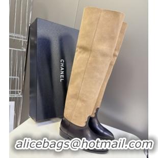Best Product Chanel Suede & Calfskin Flat Thigh High Boots 3.5cm Beige/Black 2025 G46590