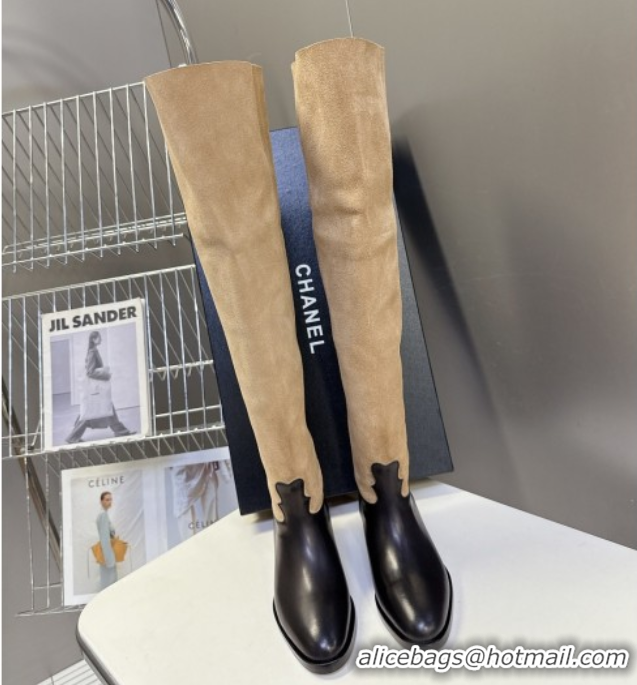 Best Product Chanel Suede & Calfskin Flat Thigh High Boots 3.5cm Beige/Black 2025 G46590