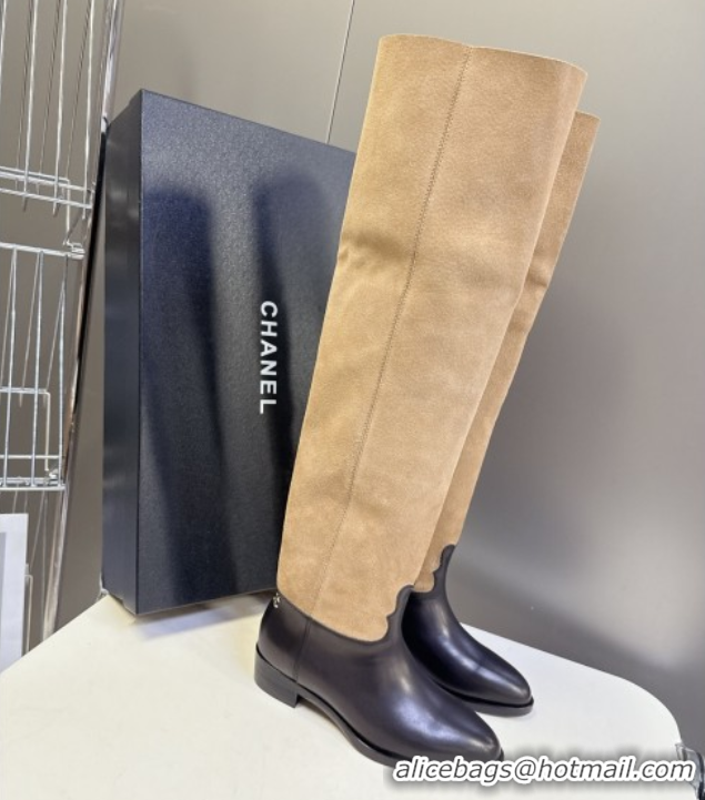 Best Product Chanel Suede & Calfskin Flat Thigh High Boots 3.5cm Beige/Black 2025 G46590