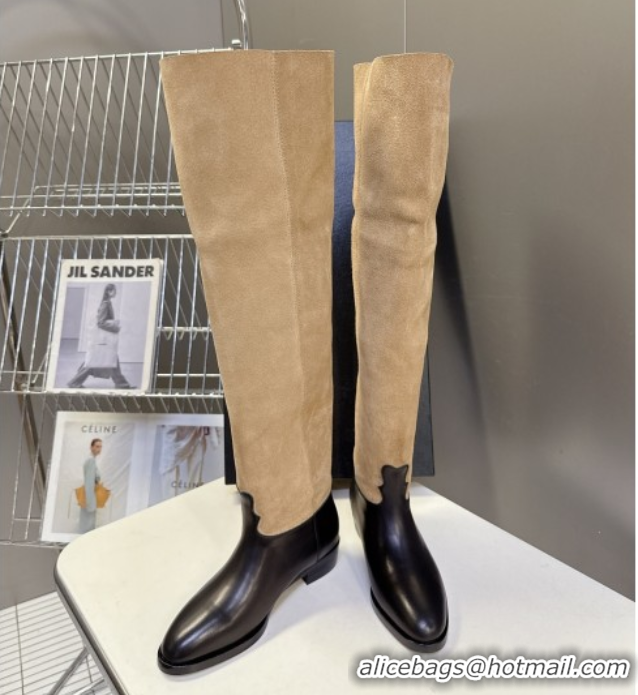 Best Product Chanel Suede & Calfskin Flat Thigh High Boots 3.5cm Beige/Black 2025 G46590