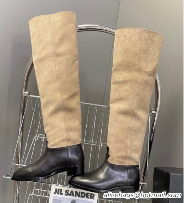 Best Product Chanel Suede & Calfskin Flat Thigh High Boots 3.5cm Beige/Black 2025 G46590