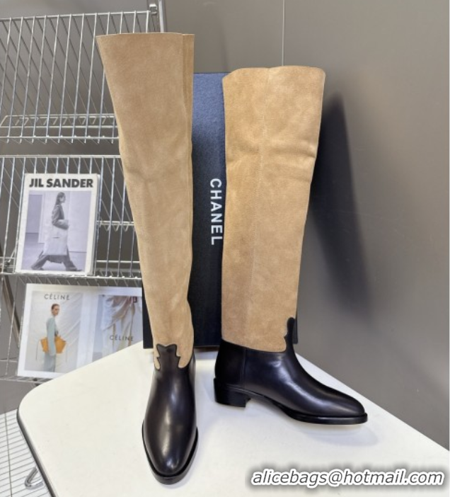Best Product Chanel Suede & Calfskin Flat Thigh High Boots 3.5cm Beige/Black 2025 G46590