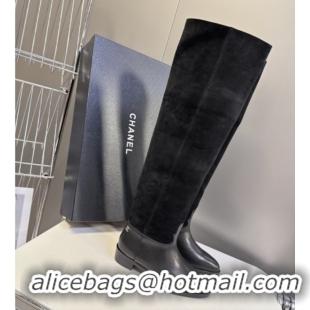 Classic Hot Chanel Suede & Calfskin Flat Thigh High Boots 3.5cm Black 2025 G46590