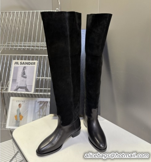 Classic Hot Chanel Suede & Calfskin Flat Thigh High Boots 3.5cm Black 2025 G46590