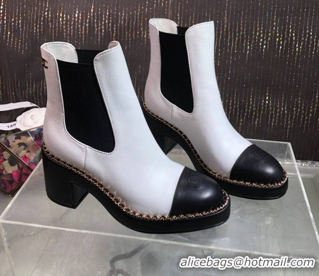 Pretty Style Chanel Calfskin Heel Platform Ankle Boots 7.5cm with Chain White 2025 CH083008
