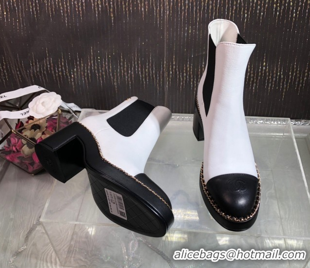 Pretty Style Chanel Calfskin Heel Platform Ankle Boots 7.5cm with Chain White 2025 CH083008