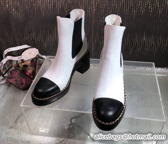 Pretty Style Chanel Calfskin Heel Platform Ankle Boots 7.5cm with Chain White 2025 CH083008