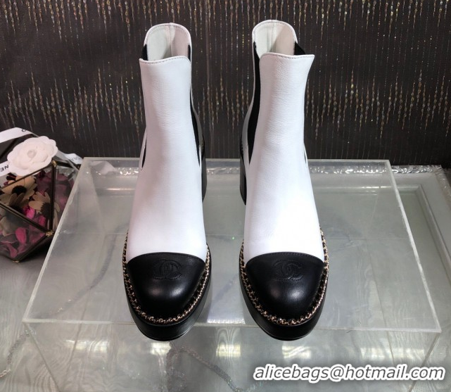 Pretty Style Chanel Calfskin Heel Platform Ankle Boots 7.5cm with Chain White 2025 CH083008
