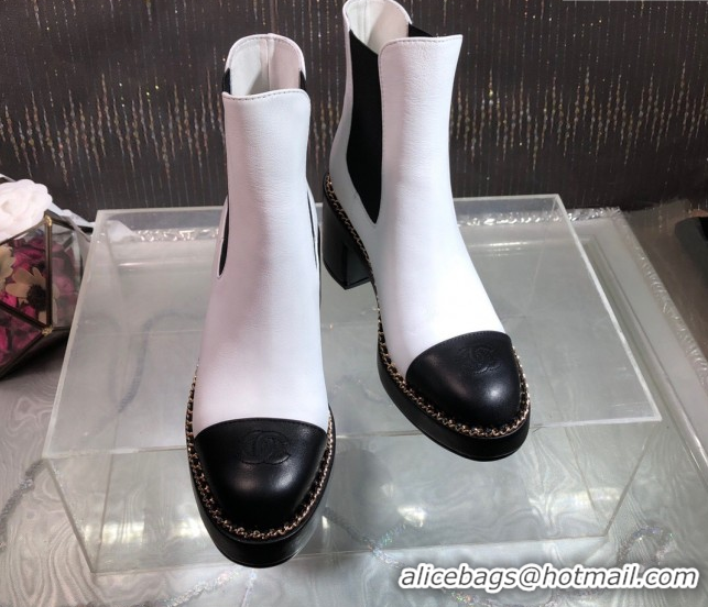 Pretty Style Chanel Calfskin Heel Platform Ankle Boots 7.5cm with Chain White 2025 CH083008