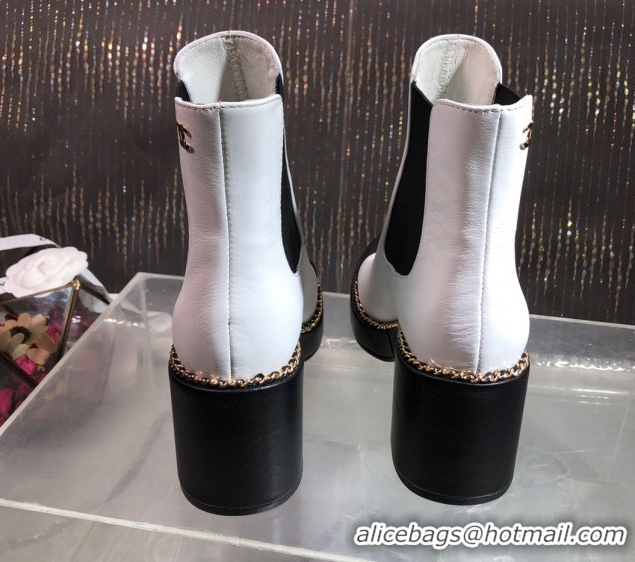 Pretty Style Chanel Calfskin Heel Platform Ankle Boots 7.5cm with Chain White 2025 CH083008
