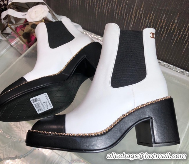 Pretty Style Chanel Calfskin Heel Platform Ankle Boots 7.5cm with Chain White 2025 CH083008