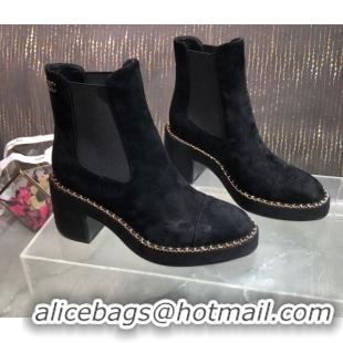 Best Grade Chanel Suede Heel Platform Ankle Boots 7.5cm with Chain Black CH083008