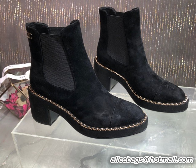 Best Grade Chanel Suede Heel Platform Ankle Boots 7.5cm with Chain Black CH083008